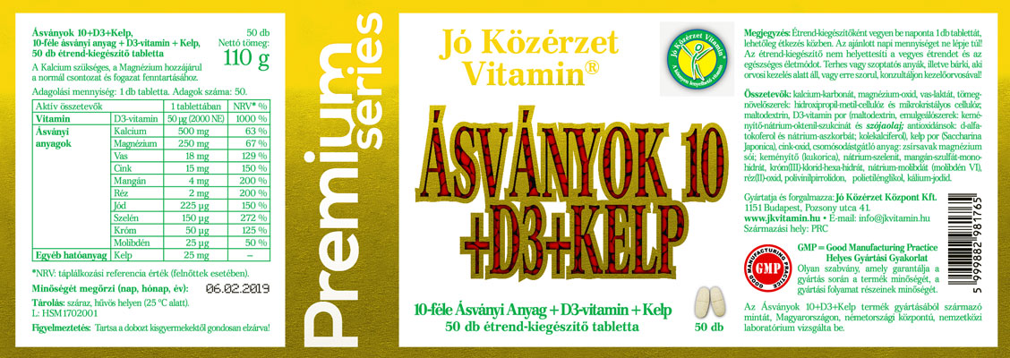 Jó Közérzet Vitamin Prémium Ásványok 10 + D3-vitamin + Kelp cimke